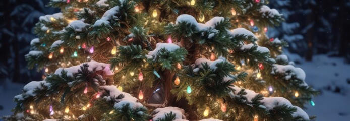 Obraz premium Colorful Christmas lights draped around a snowy evergreen tree , twinkling, christmas lights, evergreen tree