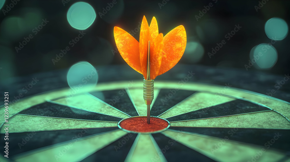 Aufkleber single dart hits bullseye on dartboard in dramatic lighting with bokeh background