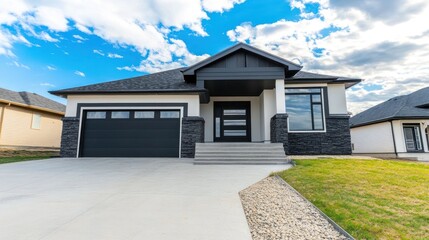 Modern Single Family House with Dark accents under a bright blue sky