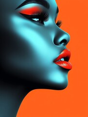 Stunning Female Profile Illustration with Vibrant Orange and Blue Colors for Contemporary Art and Design : Generative AI