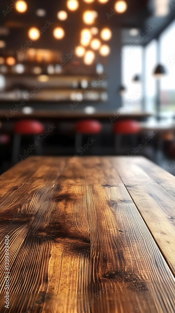 Poster empty wooden table top with blurred cafe background creates inviting space for product placement.