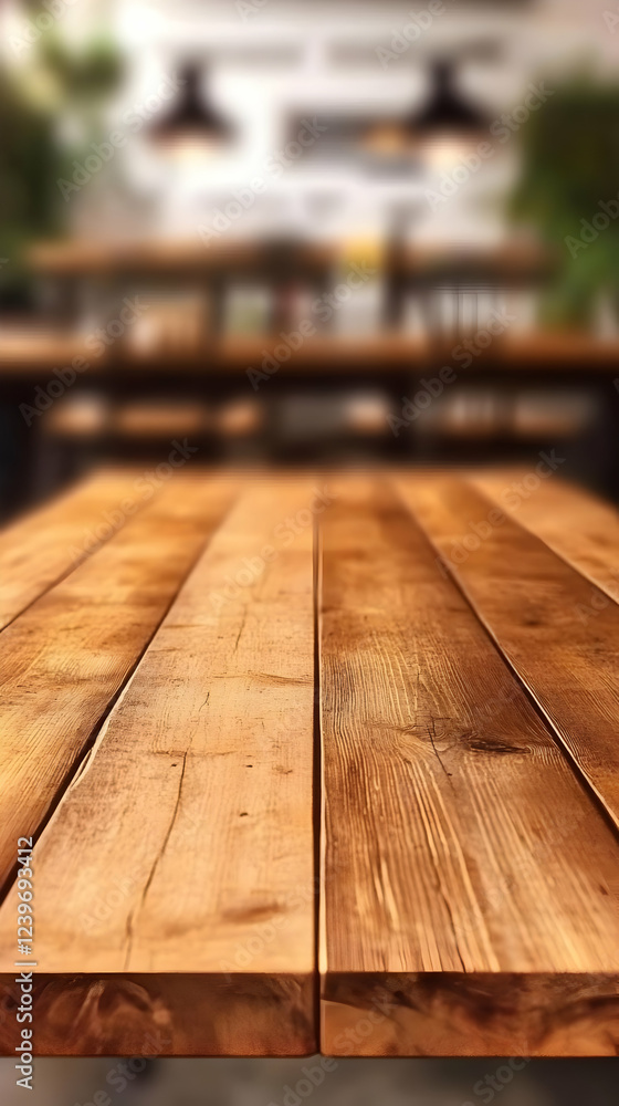 Poster Empty Wooden Table Top with Blurred Cafe Background for Product Display or Design