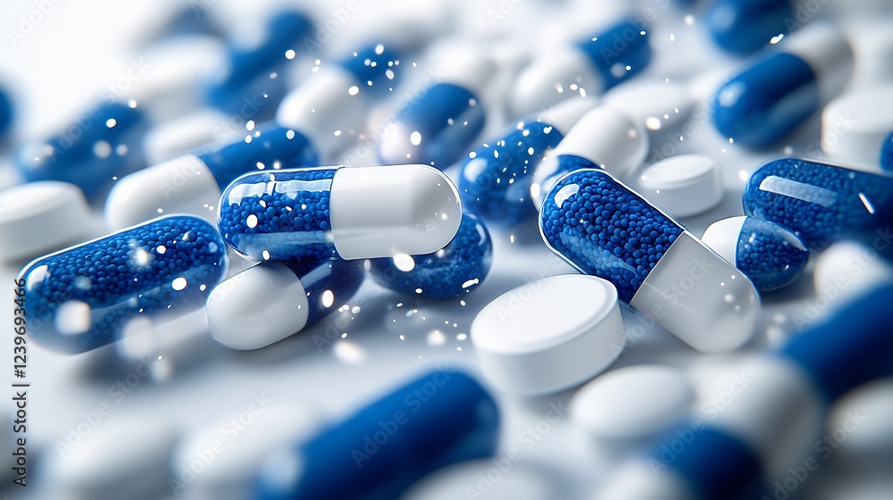 Aufkleber Close-Up of Assorted Blue and White Capsules on a Bright Background : Generative AI