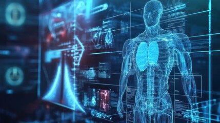 Futuristic Medical Interface displaying Human Anatomy with glowing blue lines