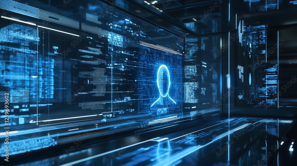 Aufkleber digital interface with glowing avatar and code data streams in a futuristic room