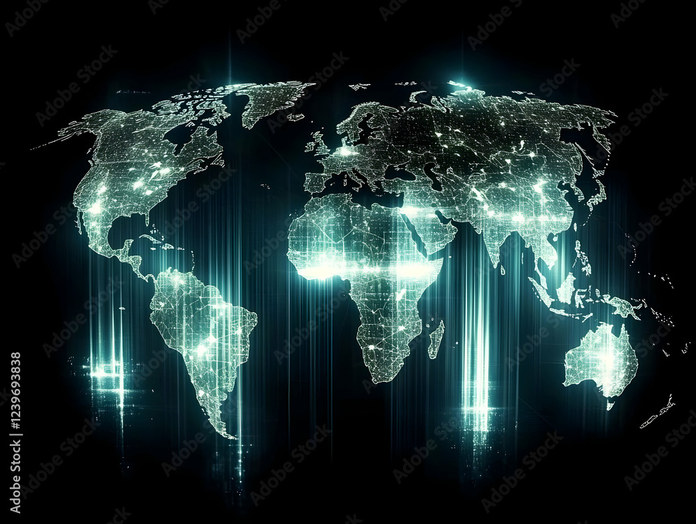 Poster glowing world map shows interconnected networks and data flow beautifully