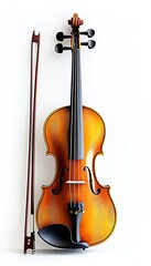 Fototapeta premium Beautiful wooden violin with bow displayed artistically against clean background highlighting craftsmanship : Generative AI
