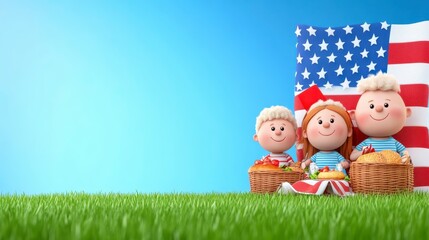 Happy Cartoon Family Picnic On Grassy Field