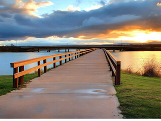 Concrete path leads to a bridge over calm water at sunset with dramatic clouds and golden light.