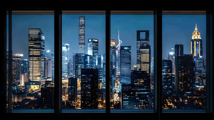 Illuminated Cityscape Viewed Through Panoramic Office Window at Night