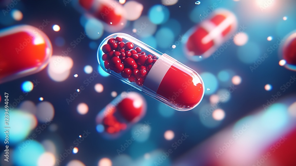 Poster 3d rendering of a vibrant red capsule pill showcasing colorful contents to represent health and well