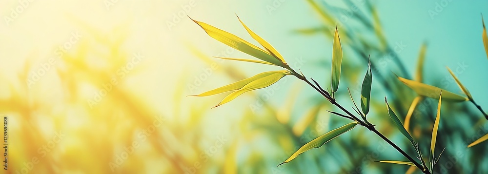Aufkleber sunlit bamboo leaves close up with soft focus and gentle bokeh effect : generative ai