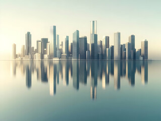 Fototapeta premium Modern Cityscape Reflects in Calm Water at Sunrise Serene Urban Landscape Background