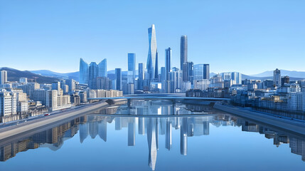 Naklejka premium Futuristic Metropolis Reflects in Calm Water with Modern Skyscrapers and Clear Blue Sky