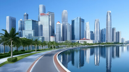 Fototapeta premium Modern Cityscape Reflects in Calm Waters with Lush Promenade under Clear Blue Sky