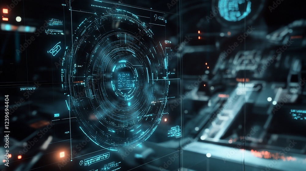 Poster futuristic control panel interface with glowing blue digital data display