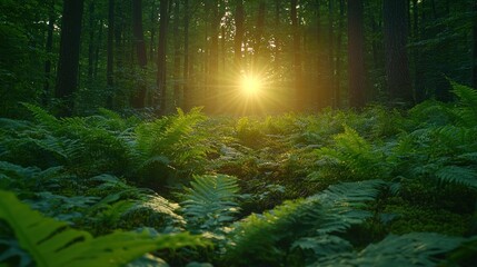 Fototapeta premium Sunlit forest path with lush ferns.
