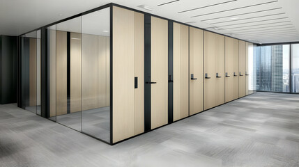 Modern Office Interior Design Showcases a Row of Glass and Wood Partitions with City View