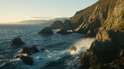 Obraz premium Ocean Waves Crashing on Rocky Coastline at Sunset