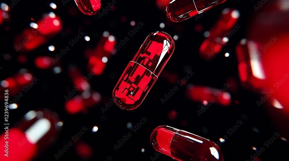 Aufkleber Dynamic Red and Black Abstract Capsule Pill Floating Amidst Others in 3D Space : Generative AI