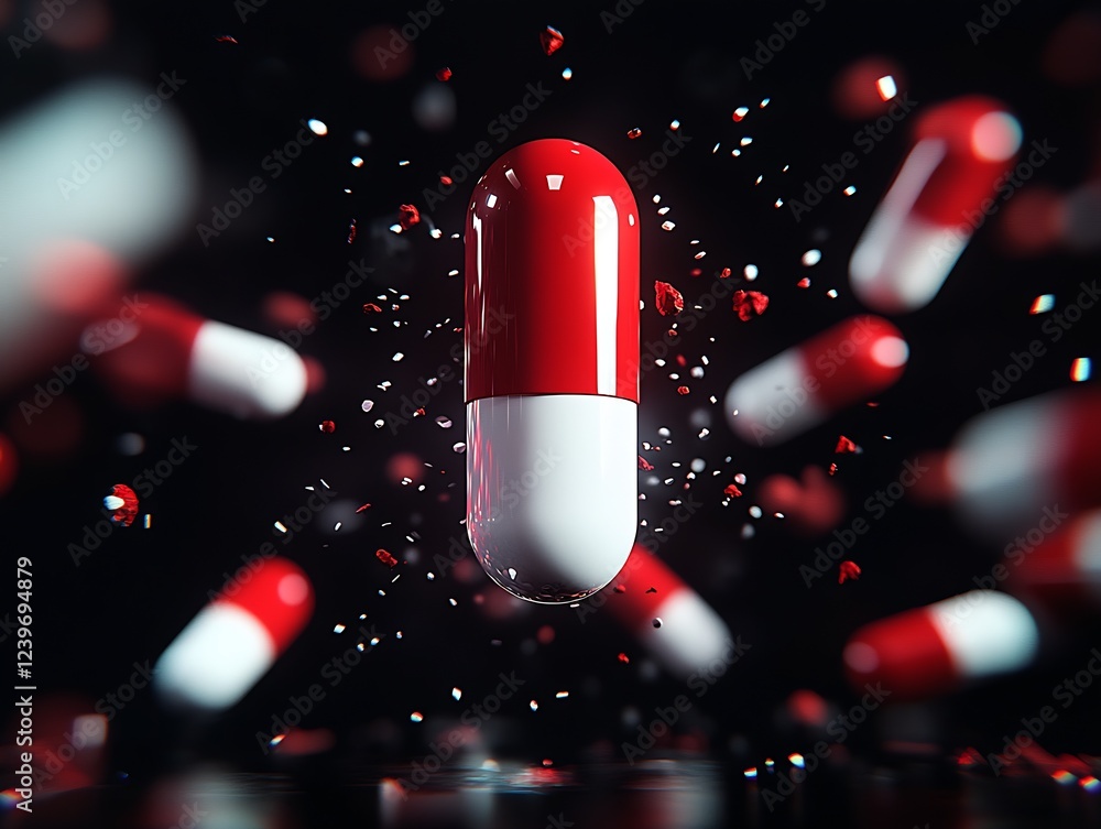 Poster dynamic red and white capsule surrounded by flying pills creating a health and medicine concept : ge