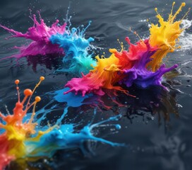 Obraz premium Colorful ink splashes on the surface of water, pool, droplets, ink