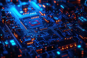 Advanced computer motherboard with detailed glowing components and futuristic lighting.