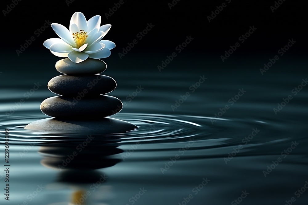 Poster zen stones with lotus flower resting on calm water creating tranquil peaceful scene : generative ai