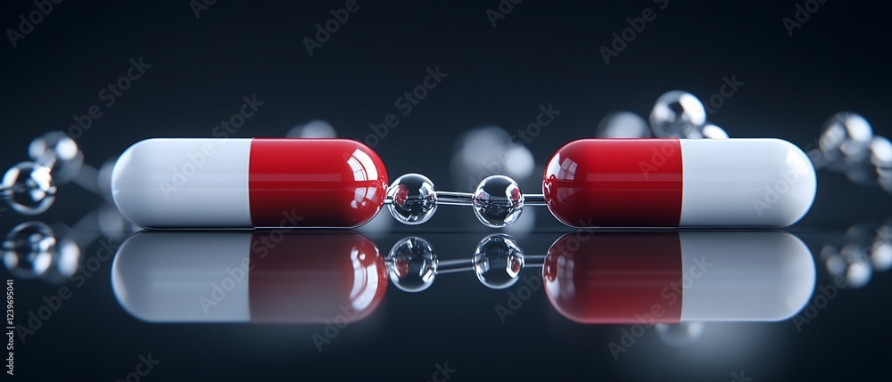 Poster close up of colorful capsules and molecules reflecting the importance of medicine and molecular stru