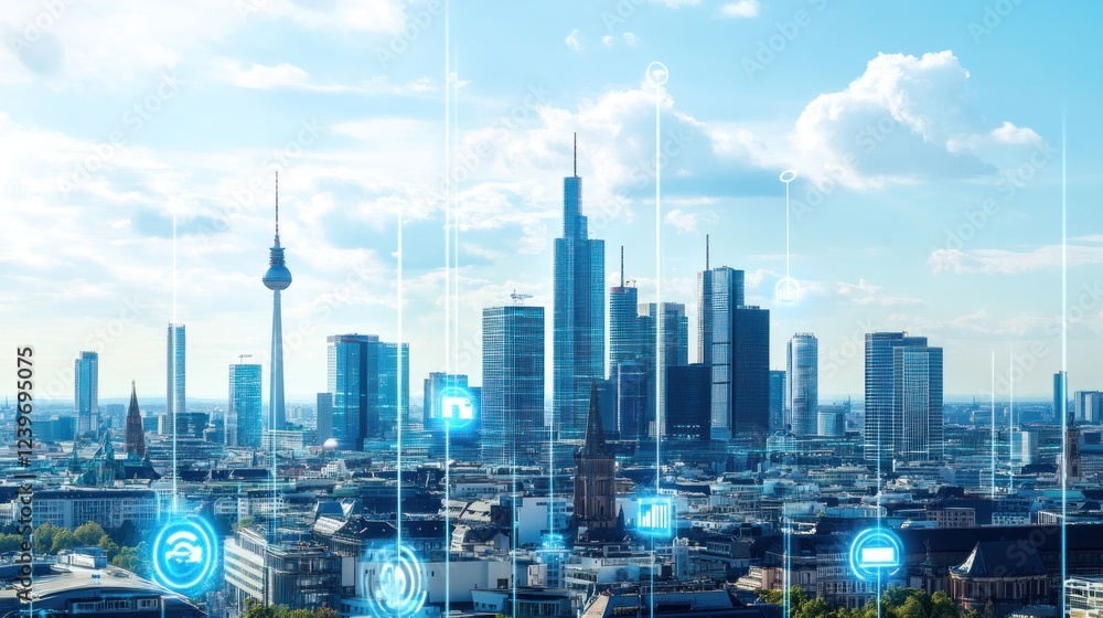 Poster modern city skyline with digital network overlay connecting buildings and data