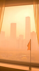 Fototapeta premium Hazy Cityscape Viewed Through Window with Flag During Golden Hour