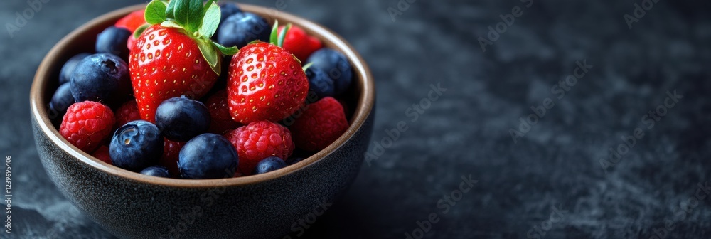 Poster fresh assortment of strawberries blueberries and raspberries in a bowl on a dark surface in a kitche
