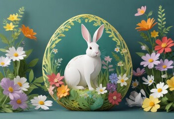 Colorful paper cut rabbit egg card with spring flowers ,  floral design,  paper craft,  Easter gifts