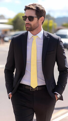 Confident Man Walks Down Street in Stylish Suit and Sunglasses