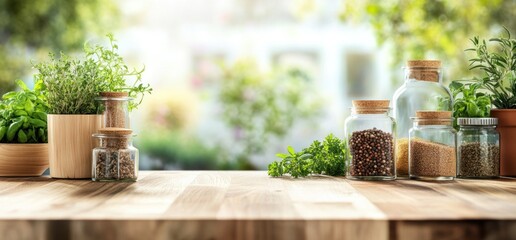 Fresh Herbs and Spices on Wooden Tabletop with Blurred Garden Background