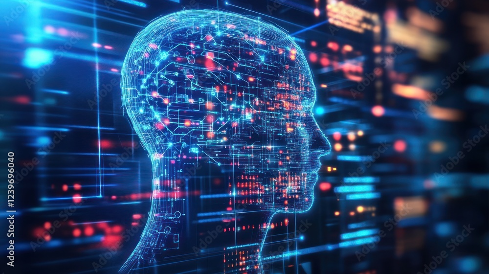 Poster artificial intelligence concept with glowing digital brain circuitry visualization