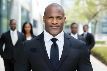 Confident Businessman Leads Team in Sharp Suit with Determined Look