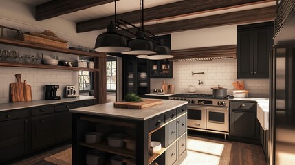 A modern kitchen with dark cabinets, wood beams, and island illuminated by pendant lights