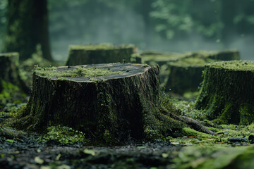 Obraz premium Forest floor with multiple tree stumps covered in thick layers of green moss.