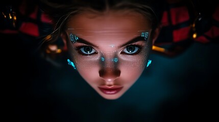 Futuristic portrait of a woman with digital enhancements, set against a dark, tech-inspired background