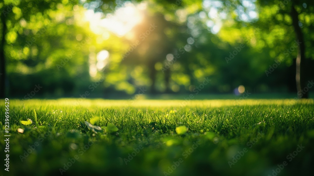 Poster lush green grass illuminated by warm sunlight in a serene park during the late afternoon hours. gene