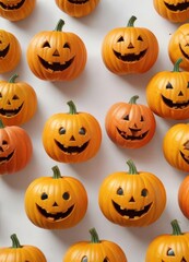 Colorful pumpkins with happy faces on a white background,  spooky, pumpkin,  white