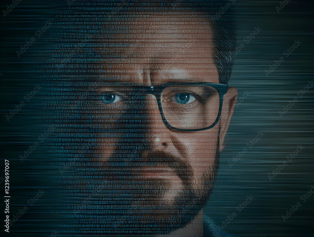 Poster man with glasses immersed in flowing digital data stream