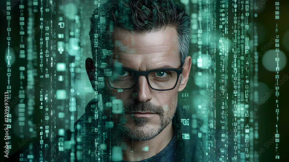 Aufkleber man with glasses immersed in flowing digital data stream with futuristic green glow