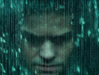 Digital Rain of Code Flows Over Blurry Face in Abstract Background Illustrates Technology