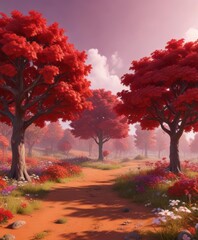 Colorful red panoramic background with cartoon-style trees and flowers ,  landscape,  trees,  colorful