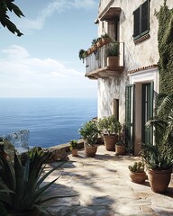 Beautiful Balcony Overlooking the Sea Surrounded by Lush Greenery : Generative AI