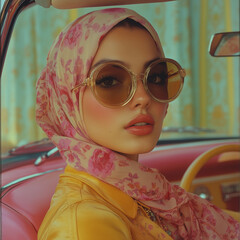 Portrait of a Woman in a 1960s-Inspired Outfit Wearing Large Sunglasses and a Headscarf, Standing Beside a Classic Convertible Car, Radiating Retro Elegance and Style