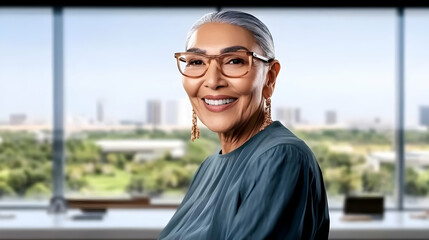 Fototapeta premium Smiling Senior Woman Wears Stylish Eyeglasses and Elegant Earrings in a Modern Office with a City View.
