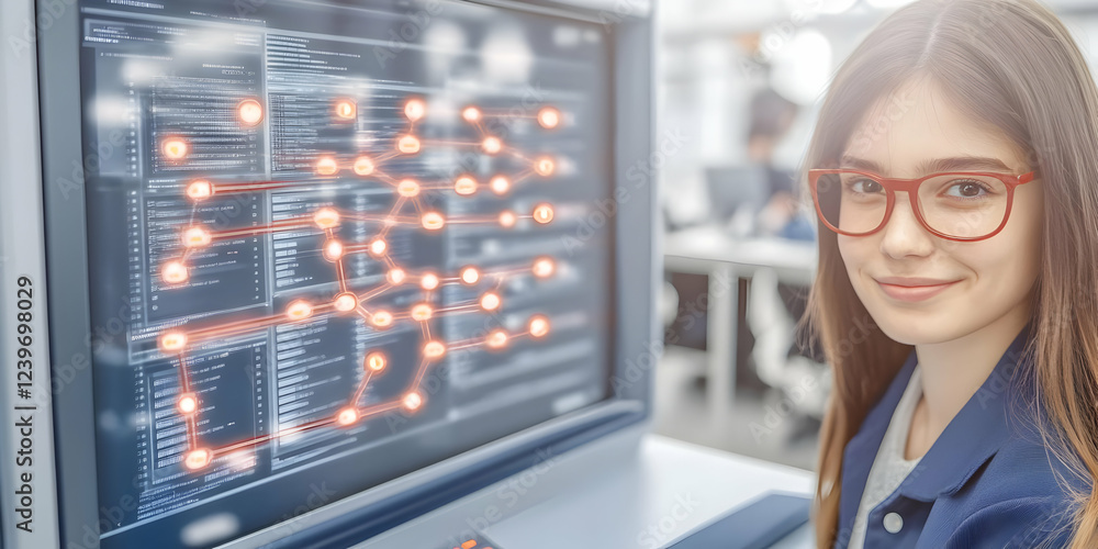 Poster young woman analyzes complex data structures displayed on a computer screen in a modern office envir